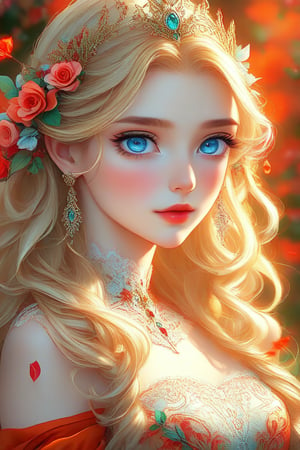 ((Best quality, 8k, Masterpiece :1.3)), 1girl, Pretty woman :1.3, Ultra-detailed face, Detailed eyes, Double eyelid, Princess, ((fantasy)), ((beautiful orange and red royal dress)), ((intricate flower design)), many details, transparent part, ((long wavy blonde hair)), braided hair, green and blue mystical eyes, full body image
