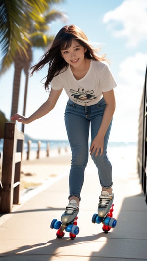 17 year old girl, ((full body view)), low angle, beautiful face, slender body, big eyes, eye highlights, beautiful defined face, fair skin, long shiny chestnut hair, tall Bangs, lip fillers, happy smile, sculpted T-shirt, distressed jeans and shorts, California beach street, (a girl glide happily down the street on roller skates), speed, intensity, sway. Hair, Lush Palm Trees, Detail, Dynamic Background, Shiny Texture, Depth, Movement, Dynamism, Energy, Vibrant, Spectacular Scene, Detail, Ultra Detail, 8K, Cinematic Lighting, Shallow Coverage Depth of field, out of focus, movie lighting, bright sun, blue sky and white clouds, seagulls