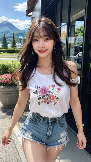 16 year old Korean female, smiling, long brown hair, colorful floral T-shirt and shorts, blue jeans and sneakers, white sneakers, walking with a view of the Shiretoko Mountains in Hokkaido, shoulder bag, earrings, necklace, height 150cm, nice smile, (Luanmei)