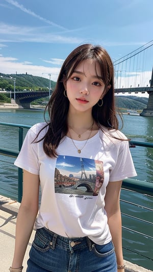 16 year old Korean woman, smiling, long brown hair, simple and fashionable colorful T-shirt and shorts, blue jeans and sneakers, white sneakers, looking at the world's highest bridge "Pont Millau" with France in the background Walking, earrings, necklace, 150cm, smile, (Luanmei)