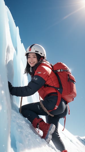 Mount Everest, glacier, explorer, 16 years old, beautiful girl, very long hair, straight hair, brown hair, climbing Mount Everest, smiling, wearing mountaineering clothes, boots and helmet, gloves, backpack, with rope , top quality, 32k, photorealistic, super detailed, finely detailed, high resolution, perfect dynamic composition, beautiful detailed eyes, sharp focus, cowboy shot, front view, Chinese ink painting, nice smile, teeth,