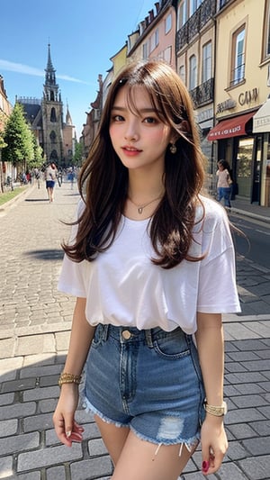 16 year old Korean woman, smiling, long brown hairstyle, simple and fashionable colorful T-shirt and shorts, blue jeans and sneakers, white sneakers, walking looking at the cityscape of Colmar, France, background, earrings , necklace, 150 cm,smile, (Luanmei)