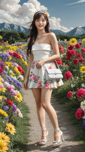 1 girl, solo, long hair, looking at viewer, bangs, brown hair, strapless, full body, colorful floral dress, white high heels, outdoors, clouds in the sky, mountain view, flower field, headband, open lips, real, 16 years old, 150 cm tall, adorable smile, teeth, earrings, necklace, shoulder bag, Leonardo