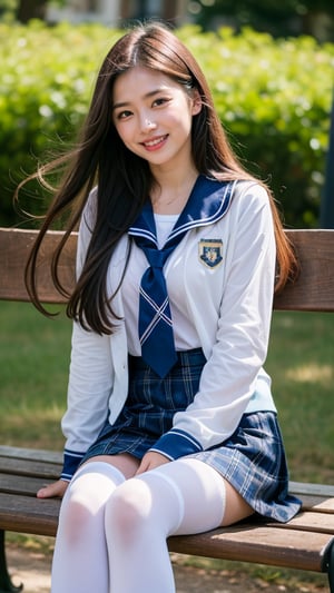 Surreal portrait of a 16 year old girl with long beautiful hair. She is wearing her school uniform, a sailor suit, with a white shirt, tartan tie, and tartan plaid skirt. She is painting an image. Her hair is long and brown, and she is sitting on a white bench chair in the park, a gentle smile on her face and warmth radiating from her blue eyes. Her discreet red ribbon adds a charming touch to her uniform. A smile, knee-length tights, a smile,