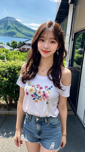 16 year old Korean female, smiling, long brown hair, colorful floral T-shirt and shorts, blue jeans and sneakers, white sneakers, walking with a view of the Shiretoko Mountains in Hokkaido, shoulder bag, earrings, necklace, height 150cm, nice smile, (Luanmei)