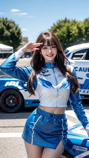 One girl, solo, bangs, dark brown hair, long hair, crotch gap, hair fluttering in the wind, racing queen, wearing a blue racing queen costume, blue separate tops, blue miniskirt, looking at the viewer , lips are dynamically open, dynamic pose, white enamel thigh-high boots, cowboy shot, standing next to the R34 skyline, shooting on the car racing stage, car racing road, sunny day, cowboy shot: 1.3, 18 years old, adorable smile, earrings, idol pose, Calsonic race queen,