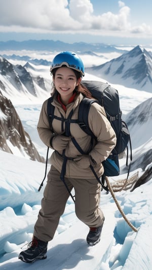 Mount Everest, glacier, explorer, 16 years old, beautiful girl, very long hair, straight hair, brown hair, climbing Mount Everest, smiling, wearing mountaineering clothes, boots and helmet, gloves, backpack, with rope , top quality, 32k, photorealistic, super detailed, finely detailed, high resolution, perfect dynamic composition, beautiful detailed eyes, sharp focus, cowboy shot, front view, Chinese ink painting, nice smile, teeth,