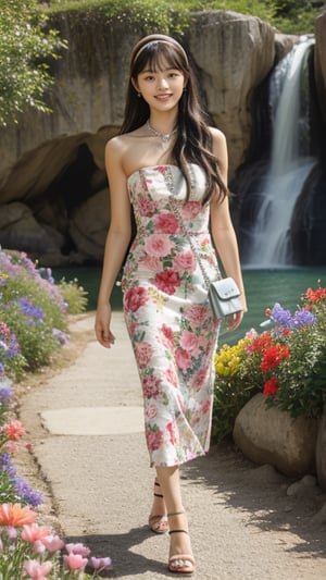 One girl, solo, long hair, looking at viewer, bangs, brown hair, strapless, full body, colorful floral dress, high heels, outdoors, walking along a mountain with a waterfall and flower garden in full bloom, headband, lips, real, 16 years old, 150 cm tall, adorable smile, teeth, earrings, necklace, shoulder bag, Leonardo