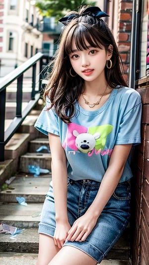 1 girl, solo, stuffed animal, long hair, ribbon, looking at viewer, hair ribbon, smile, ribbon, brown hair, teddy bear, bangs, mole, colorful large T-shirt, 16 year old shorts, Blue jeans, RC, smiling, white socks, shoes, smiling, 150cm, petite, standing, wearing necklace and earrings, laughing out loud,