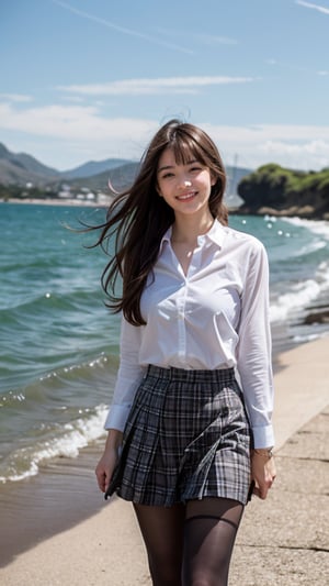 Hyperrealistic portrait of an 18 year old girl with long beautiful hair. She wears a uniform light brown blazer over a white shirt, complete with a tartan tie and tartan skirt. She creates images. Her brown hair is complemented by blunt bangs that frame her face. Fairly thin, she stands calmly on the shore near the sea with a gentle smile, and her blue eyes radiate warmth. A discreet red ribbon adds a charming touch to the uniform outfit. A smile, knee-length tights,