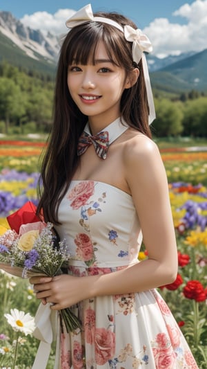 One girl, solo, long hair, looking at the viewer, bangs, brown hair, strapless, colorful floral dress, outdoors, mountain view, in a flower field full of flowers, flowers in hand Has, bowknot, ribbon, hair ribbon, hair band, open lips, bow tie, lips, bowknot, ribbon, realistic, 16 years old, height 150cm, nice smile, teeth, Leonardo