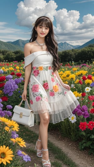 1 girl, solo, long hair, looking at viewer, bangs, brown hair, strapless, full body, colorful floral dress, white high heels, outdoors, clouds in the sky, mountain view, flower field, headband, open lips, real, 16 years old, 150 cm tall, adorable smile, teeth, earrings, necklace, shoulder bag, Leonardo