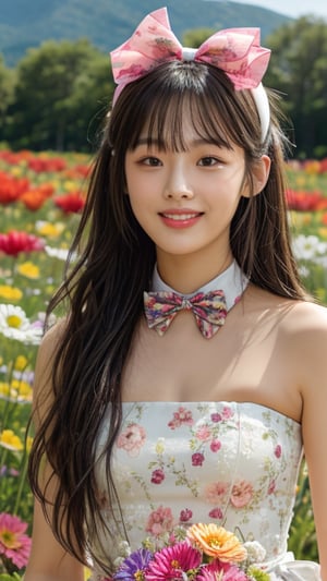 One girl, solo, long hair, looking at the viewer, bangs, brown hair, strapless, colorful floral dress, outdoors, mountain view, in a flower field full of flowers, flowers in hand Has, bowknot, ribbon, hair ribbon, hair band, open lips, bow tie, lips, bowknot, ribbon, realistic, 16 years old, height 150cm, nice smile, teeth, Leonardo