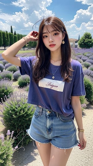 16 year old Korean woman, smiling, long brown hairstyle, simple and fashionable colorful T-shirt and shorts, blue jeans and sneakers, white sneakers, walking in a lavender field in Provence, France, background, earrings , necklace, 150 cm, (Luanmei)