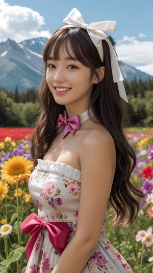 One girl, solo, long hair, looking at the viewer, bangs, brown hair, strapless, colorful floral dress, outdoors, mountain view, in a flower field full of flowers, flowers in hand Has, bowknot, ribbon, hair ribbon, hair band, open lips, bow tie, lips, bowknot, ribbon, realistic, 16 years old, height 150cm, nice smile, teeth, Leonardo