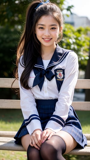 Surreal portrait of a 16 year old girl with long beautiful hair. She is wearing her school uniform, a sailor suit, with a white shirt, tartan tie, and skirt. She is painting an image. Her brown ponytail hair is complemented by her blunt bangs that frame her face. She is sitting on a white bench chair in the park, a gentle smile on her face and warmth radiating from her blue eyes. Her discreet red ribbon adds a charming touch to her uniform look. A smile, knee-length tights, a smile,
