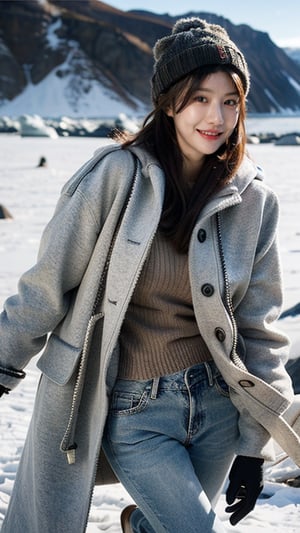 Masterpiece, Top Quality, ((Colorful Aurora)), Penguin colony in Antarctica, snow field, 1 girl, 16 years old, nice smile, teeth, solo, long brown hair, brown eyes, wool hat, gloves , coat, denim pants, looking at the viewer, standing, dynamic vista shot, bright sunlight, perfect composition, super detailed, official art, detailed background, surreal, high resolution, background details​ has been strengthened.