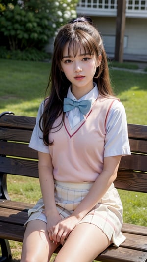 Masterpiece, highest quality, high resolution, 1 woman, solo, long hair, brown hair, ponytail, parted bangs, blue eyes, school uniform, red bow tie, white shirt, short sleeves, sweater vest, pink vest, check Patterned skirt, white skirt, sitting, outdoors, bench, smiling, mouth open, waving, 16 years old,