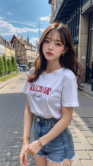 16 year old Korean woman, smiling, long brown hairstyle, simple and fashionable colorful T-shirt and shorts, blue jeans and sneakers, white sneakers, walking looking at the cityscape of Colmar, France, background, earrings , necklace, 150 cm,smile, (Luanmei)