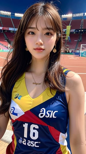 16-year-old Korean woman, smiling, long brown hair, Japanese female volleyball player's top and bottom equipment red (ASICS), participating in the Olympic Stadium in France, the cauldron is visible, the dove of peace is flying, earrings, Necklace, 150cm, lovely smile, (Luanmei)