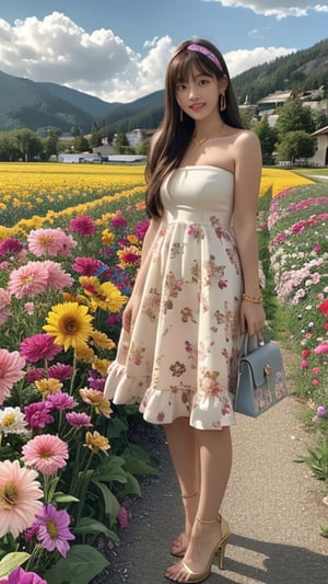 1 girl, solo, long hair, looking at viewer, bangs, brown hair, strapless, full body, colorful floral dress, gold high heels, outdoors, clouds in the sky, mountain view, flower field, headband, open lips, lips, real, 16 years old, 150 cm tall, adorable smile, teeth, earrings, necklace, shoulder bag, Leonardo