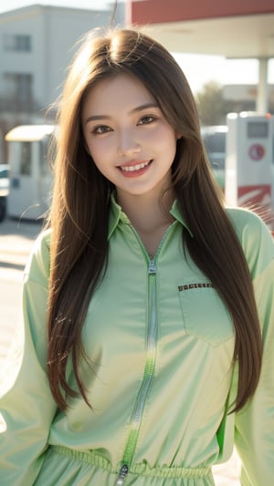 Gas station, 16 years old, beautiful girl, happy smile, very long ponytail, straight hair, brown hair, wearing a long sleeve jumpsuit (light green), top quality, 32k, photorealistic, super detailed, in every detail High resolution, perfect dynamic composition, beautiful detailed eyes, sharp focus, whole body, cowboy shot, smile, smile,