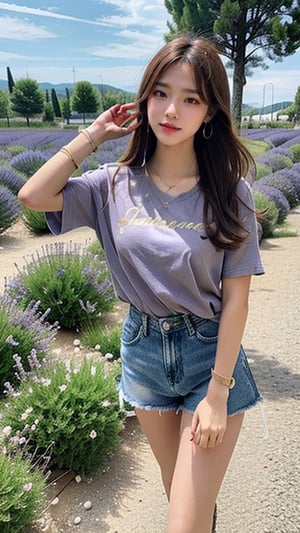 16 year old Korean woman, smiling, long brown hairstyle, simple and fashionable colorful T-shirt and shorts, blue jeans and sneakers, white sneakers, walking in a lavender field in Provence, France, background, earrings , necklace, 150 cm, (Luanmei)