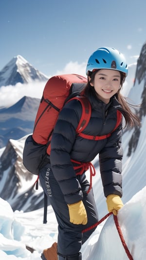 Mount Everest, glacier, explorer, 16 years old, beautiful girl, very long hair, straight hair, brown hair, climbing Mount Everest, smiling, wearing mountaineering clothes, boots and helmet, gloves, backpack, with rope , top quality, 32k, photorealistic, super detailed, finely detailed, high resolution, perfect dynamic composition, beautiful detailed eyes, sharp focus, cowboy shot, front view, Chinese ink painting, nice smile, teeth,