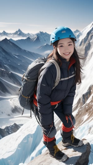 Mount Everest, glacier, explorer, 16 years old, beautiful girl, very long hair, straight hair, brown hair, climbing Mount Everest, smiling, wearing mountaineering clothes, boots and helmet, gloves, backpack, with rope , top quality, 32k, photorealistic, super detailed, finely detailed, high resolution, perfect dynamic composition, beautiful detailed eyes, sharp focus, cowboy shot, front view, Chinese ink painting, nice smile, teeth,