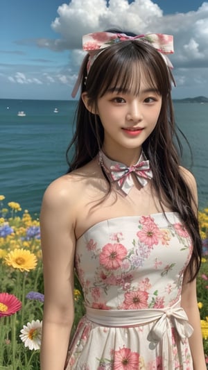 One girl, solo, long hair, looking at the viewer, bangs, brown hair, strapless, colorful floral dress, outdoors, clouds in the sky, sea view, flower field full of flowers, flowers in hand, Bowknot, ribbon, hair ribbon, hairband, open lips, bow tie, lips, bowknot, ribbon, realistic, 16 years old, height 150cm, lovely smile, teeth, Leonardo