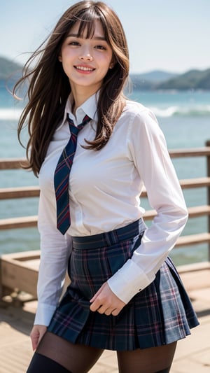 Ultra-realistic portrait of an 18 year old girl with long beautiful hair. She wears a uniform light brown blazer over her white shirt, complete with a tartan tie and tartan skirt. She produces images. Her brown hair is complemented by her blunt bangs that frame her face. She stands calmly on the shore near the sea with a gentle smile, and her blue eyes radiate warmth. Her discreet red ribbon adds a charming touch to her uniform attire. A smile, knee-length tights,