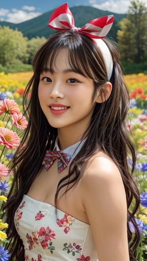 One girl, solo, long hair, looking at the viewer, bangs, brown hair, strapless, colorful floral dress, outdoors, mountain view, in a flower field full of flowers, flowers in hand Has, bowknot, ribbon, hair ribbon, hair band, open lips, bow tie, lips, bowknot, ribbon, realistic, 16 years old, height 150cm, nice smile, teeth, Leonardo