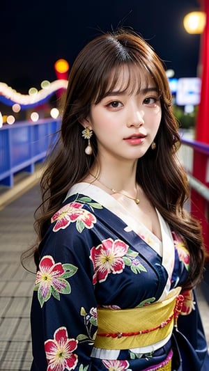 16-year-old Korean woman, smile, long brown hair, colorful floral print yukata, walking on the Rainbow Bridge in Japan, earrings, necklace, 150cm, nice smile, (Luan Mei)