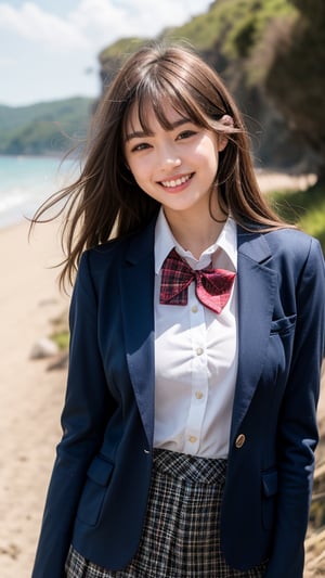 Surreal portrait of an 18 year old girl with beautiful hair. She wears a dark blue blazer over a white shirt, matching her bow tie and tartan skirt. She creates images. Her brown one-length hair matches her blunt bangs that frame her face. She stands quietly on the beach with a gentle smile on her face, warmth radiating from her blue eyes. A red ribbon in her hair, a lovely smile, teeth,