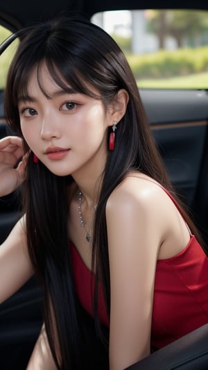 Highway, beautiful Korean girl, 16 years old, black hair (very long hair, straight hair, bangs), driving a car (red convertible), small earrings, necklace, top quality, 32k, photorealistic, super detailed, Fine details, high resolution, perfect dynamic composition, beautiful detailed eyes, sharp focus, whole body, smile, bright red dress,