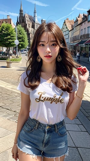 16 year old Korean woman, smiling, long brown hairstyle, simple and fashionable colorful T-shirt and shorts, blue jeans and sneakers, white sneakers, walking looking at the cityscape of Colmar, France, background, earrings , necklace, 150 cm,smile, (Luanmei)