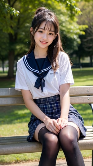 Surreal portrait of a 16 year old girl with long beautiful hair. She wears her school uniform, a sailor suit, with a white shirt, tartan tie, and skirt. She is painting an image. Her brown ponytail hair is complemented by her blunt bangs that frame her face. She is sitting on a white bench chair in the park, a gentle smile on her face and warmth radiating from her blue eyes. Her discreet red ribbon adds a charming touch to her uniform look. A smile, knee-length tights, a smile,