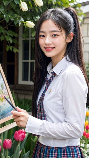 Surreal portrait of a 16 year old girl with long beautiful hair. She is wearing her school uniform, a sailor suit, with a white shirt, tartan tie, and tartan plaid skirt. She is painting an image. Her hair is in a brown ponytail, and she is in her home's garden of flowers, including tulips, with a gentle smile on her face and warmth radiating from her blue eyes. Her uniform is a modest red ribbon. A lovely smile that adds a charming touch to