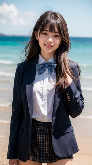 Surreal portrait of an 18 year old girl with beautiful hair. She wears a dark blue blazer over a white shirt, matching her bow tie and tartan skirt. She creates images. Her brown one-length hair matches her blunt bangs that frame her face. She stands quietly on the beach with a gentle smile on her face, warmth radiating from her blue eyes. A red ribbon in her hair, a lovely smile, teeth,