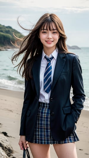 Hyperrealistic portrait of an 18 year old girl with long beautiful hair. She wears a uniform light brown blazer over a white shirt, complete with a tartan tie and tartan skirt. She creates images. Her brown hair is complemented by blunt bangs that frame her face. Fairly thin, she stands calmly on the shore near the sea with a gentle smile, and her blue eyes radiate warmth. A discreet red ribbon adds a charming touch to the uniform outfit. A smile, knee-length tights,