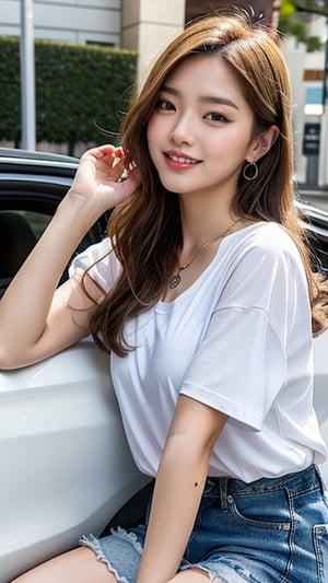 Korean female, 16 years old, long blonde shiny pixie hair, oversized t-shirt, shorts, blue jeans, driving a white car Mercedes-Benz, smiling, blue eyes, beautiful face, Smiling, laughing out loud, wearing a necklace and earrings, (Luan Mei), smiling,