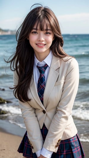 Ultra-realistic portrait of an 18 year old girl with long beautiful hair. She wears a uniform light brown blazer over her white shirt, complete with a tartan tie and tartan skirt. She produces images. Her brown hair is complemented by her blunt bangs that frame her face. She stands calmly on the shore near the sea with a gentle smile, and her blue eyes radiate warmth. Her discreet red ribbon adds a charming touch to her uniform attire. A smile, knee-length tights,