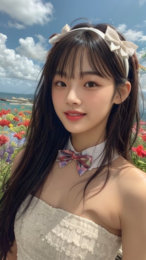 One girl, solo, long hair, looking at the viewer, bangs, brown hair, strapless, colorful floral dress, outdoors, clouds in the sky, sea view, flower field full of flowers, flowers in hand, Bowknot, ribbon, hair ribbon, hairband, open lips, bow tie, lips, bowknot, ribbon, realistic, 16 years old, height 150cm, lovely smile, teeth, Leonardo