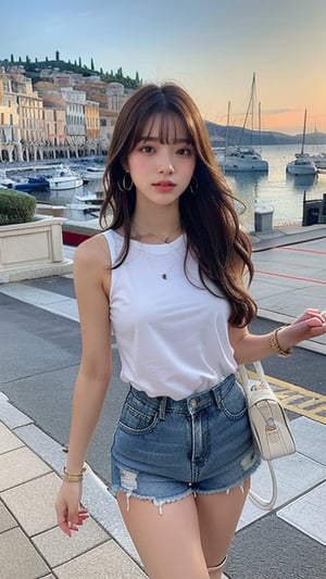 16 year old Korean woman, smiling, long brown hair, simple and fashionable colorful T-shirt and shorts, blue jeans and sneakers, white sneakers, walking with a view of the beautiful blue Mediterranean Sea in Nice, shoulder bag, earrings, Necklace, 150cm, smile, (Luanmei)