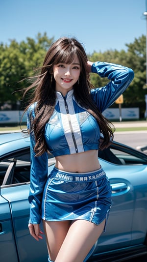 One girl, solo, bangs, dark brown hair, long hair, crotch gap, hair fluttering in the wind, racing queen, wearing a blue racing queen costume, blue separate tops, blue miniskirt, looking at the viewer , lips are dynamically open, dynamic pose, white enamel thigh-high boots, cowboy shot, standing next to the R34 skyline, shooting on the car racing stage, car racing road, sunny day, cowboy shot: 1.3, 18 years old, adorable smile, earrings, idol pose, Calsonic race queen,