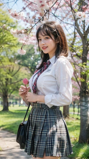 Masterpiece, highest quality, 8K, RAW photo, BREAK 1 Japanese girl, high school student, uniform, small breasts, (uniform length haircut), (one length), beautiful shiny black hair, straight hair, unkempt Hair, pale skin, white skin, whole body down to the toes, beautiful thighs, (tartan check skirt), BREAK's profile, looking at the viewer, smiling, standing, ((Sakura Fubuki)), Falling cherry blossoms Petals, dim light, night, schoolgirl, 16 years old, top quality, CherryBlossom_background