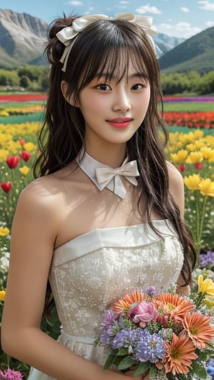 One girl, solo, long hair, looking at the viewer, bangs, brown hair, strapless, colorful floral dress, outdoors, mountain view, in a flower field full of flowers, flowers in hand Has, bowknot, ribbon, hair ribbon, hair band, open lips, bow tie, lips, bowknot, ribbon, realistic, 16 years old, height 150cm, nice smile, teeth, Leonardo