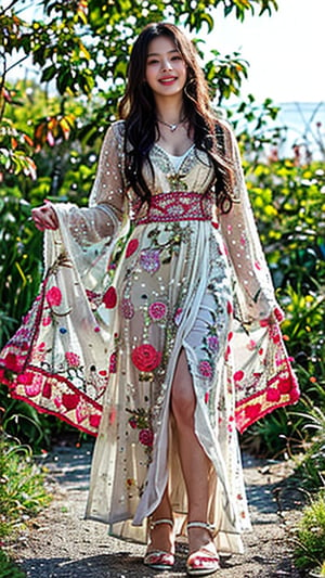 A stunning Ukrainian beauty is posing in a lush botanical garden on a bright sunny day. She wears a bright traditional embroidered dress decorated with intricate black, red and green patterns, and her blonde hair shines under the warm light. Her radiant smile captures the essence of her joy as she stands where the sea and flower fields bloom. A gentle breeze sways her petals, harmonizing with her carefree laughter. 16 years old, nice smile, teeth, earrings, necklace, white high heels, whole body,