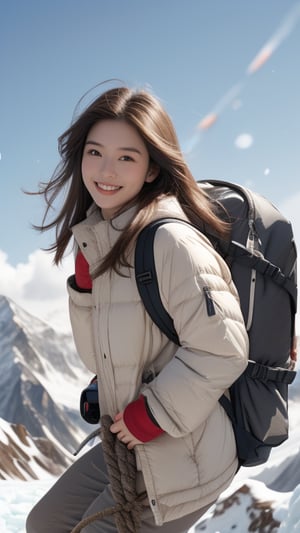 Mount Everest, glacier, explorer, 16 years old, beautiful girl, very long hair, straight hair, brown hair, climbing Mount Everest, smiling, wearing mountaineering clothes, boots and helmet, gloves, backpack, with rope , top quality, 32k, photorealistic, super detailed, finely detailed, high resolution, perfect dynamic composition, beautiful detailed eyes, sharp focus, cowboy shot, front view, Chinese ink painting, nice smile, teeth,