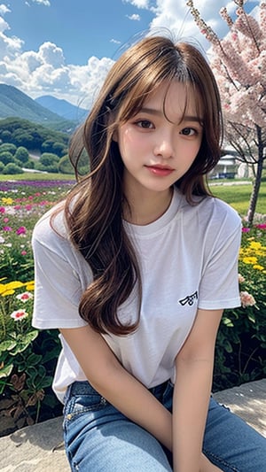 Korean female, 18 years old, long blonde shiny pixie hairstyle, oversized T-shirt, shorts, blue jeans, climbing a mountain with a beautiful flower field, smile, blue eyes, beautiful face, (Ruan -mei)